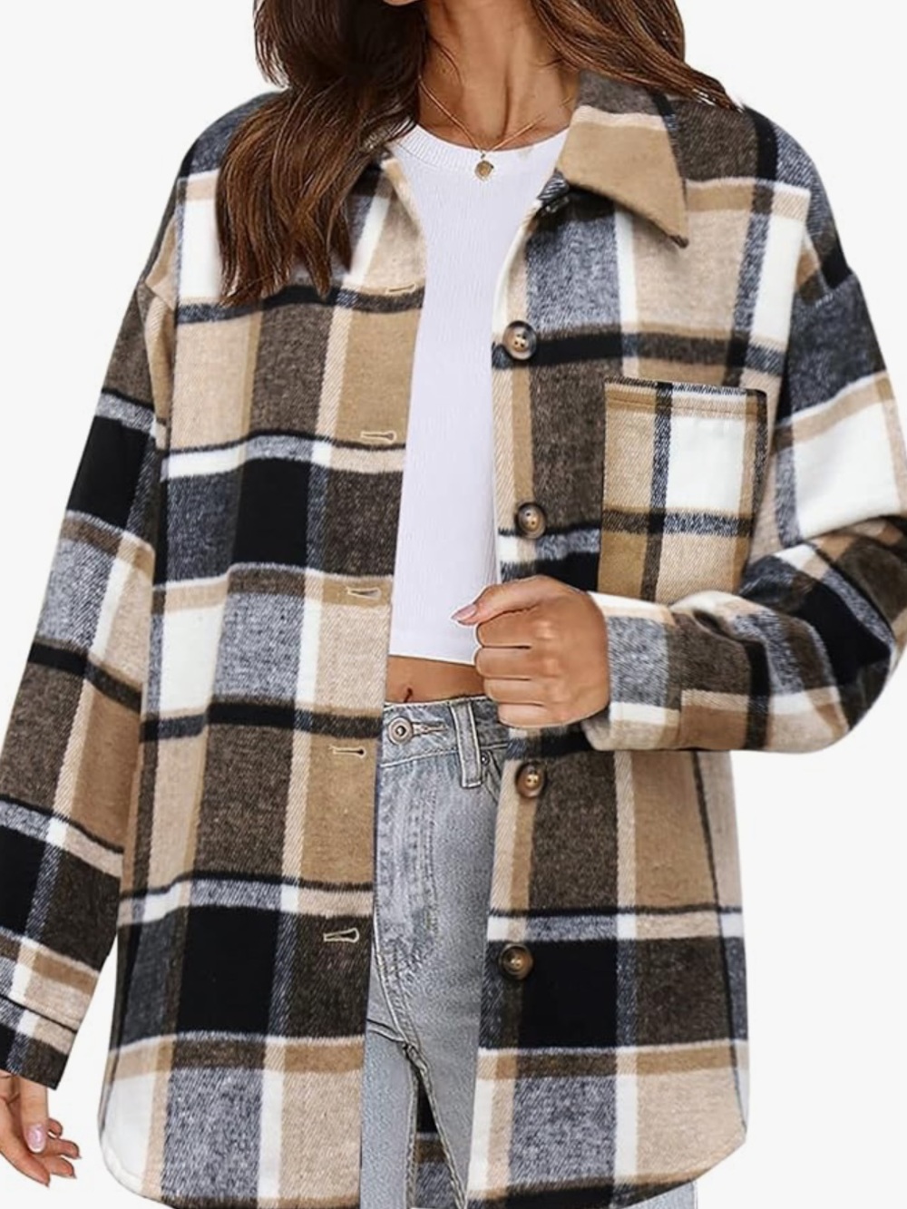 Plaid Utility Shacket in Beige, Black & Cream